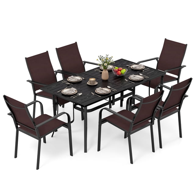 Gymax 7PCS Patio Dining Set for 6 Metal Table w/Umbrella Hole & 6 Stackable Armchairs Coffee & Black