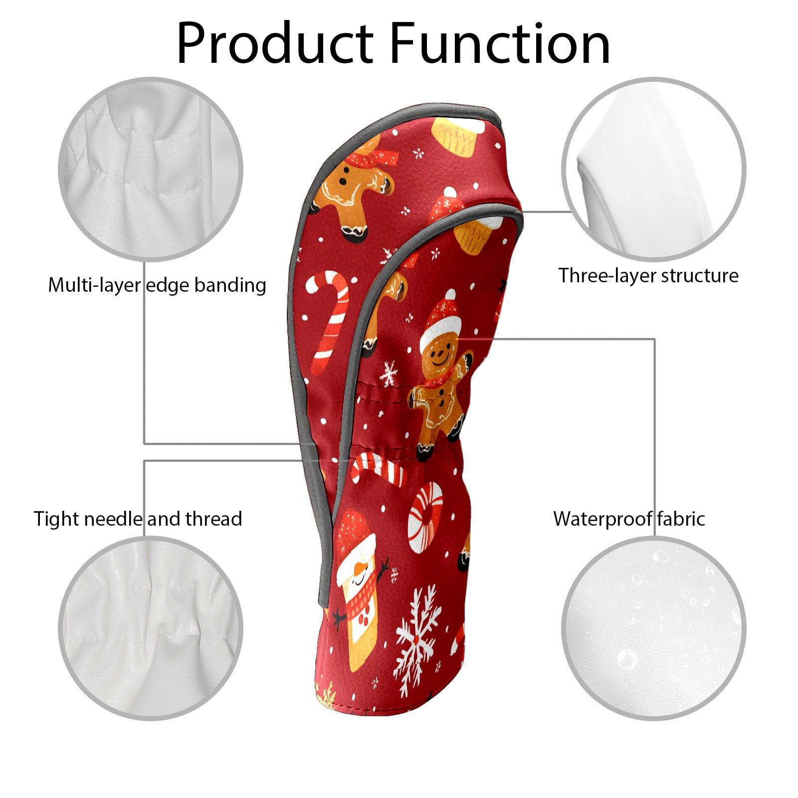 Golf Club Covers, Red Xmas Gingerbread Premium PU Leather Driver Hybrid Putter Head Covers with Velvet Lining, Waterproof Golf Gifts for Men Women