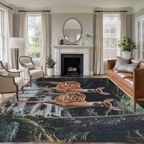 8x10 Area Rugs for Living Room, Farmhouse Forest Deer Non Slip Area Rugs for Kitchen Bedroom Entryway, River Elk Trees Washable Carpet Runner Rug Floor Mats for Bedroom Home Decor