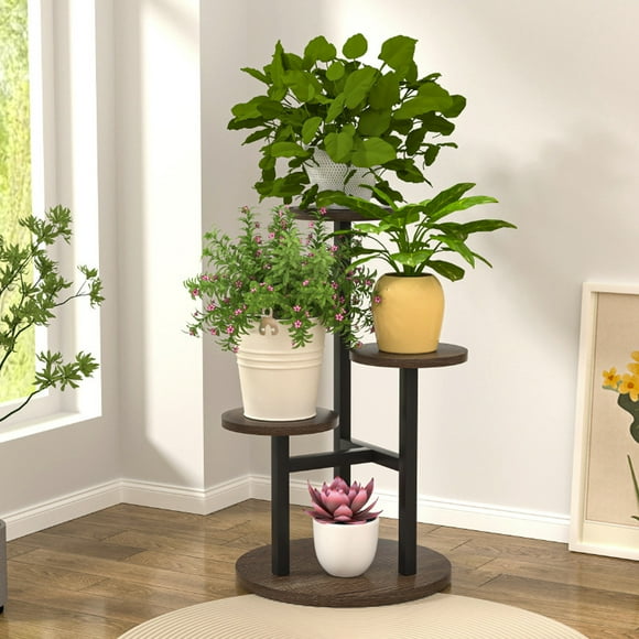 3 Tier Wooden Plant Stand with Trays | Multi-Layer Flower Display Shelf for Indoor Plants | Space Saving Plant Holder for Living Room Garden Office Decor