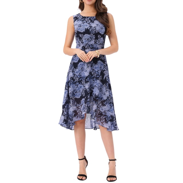VESTIDOS DE VERANO PARA MUJER INSPIRE CHIC Con Volantes en el Dobladillo Cuello Redondo Espalda con Abertura Sin Mangas Vestido Floral L Azul Oscuro