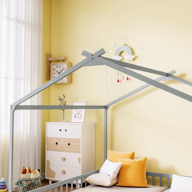 Double Twin Size House-Shaped Canopy Floor Bed with Safety Guardrails, Kids Wooden Low Profile Bed Frame with Open Roof Design
