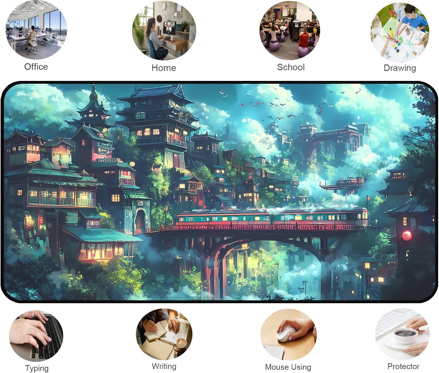 Japanese Anime Desk Mat, Green Forest Mouse Mat XXL, Game Desk Pad, Fantasy Architecture Computer Keyboard Mat, Wireless Mousepad Large,Natural Landscape Home Office Desktop Decor 31.5"X15.7"