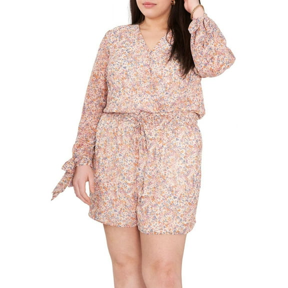 1. STATE Plus Size V-Neck Long Tie Sleeve Smocked Drawstring Waist Floral Print Romper - Size 3X, Sweet Blooms