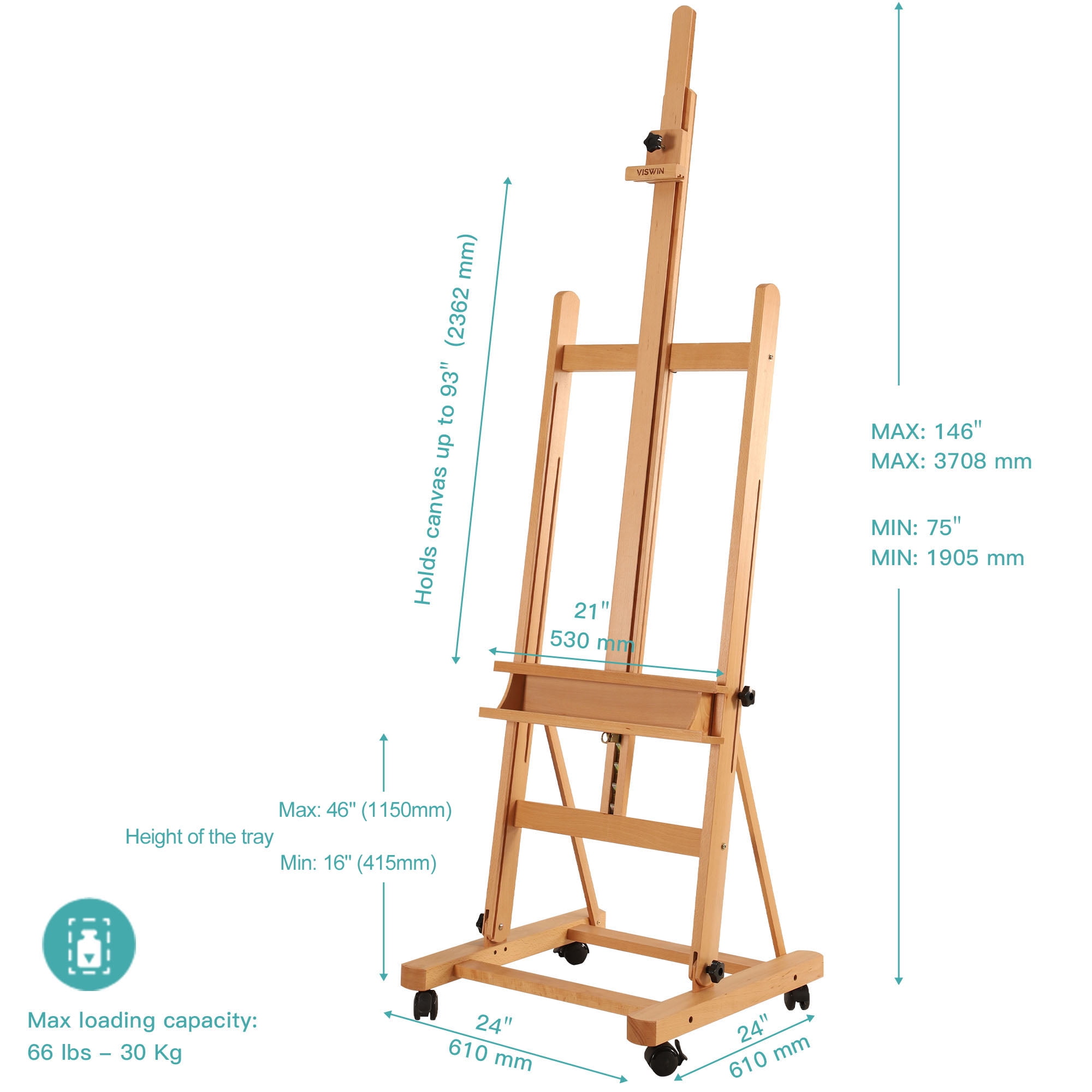 VISWIN Large H-Frame Easel 53"- 91 "H, Hold Canvas up to 78"-Natural