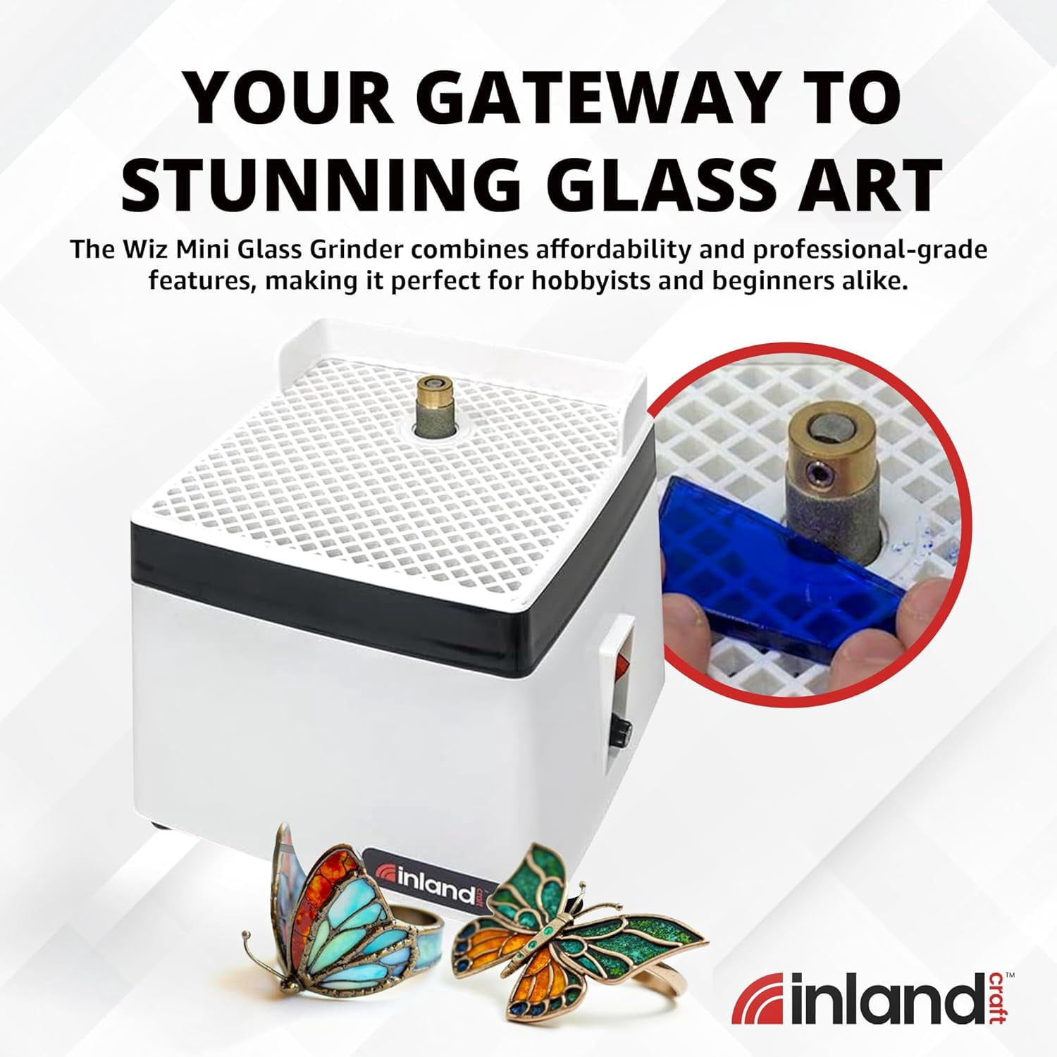 Inland Craft Wiz Mini Glass Grinder | Stained Glass Grinding Shaping Machine | Includes 5/8" Diamond Grinding Bit