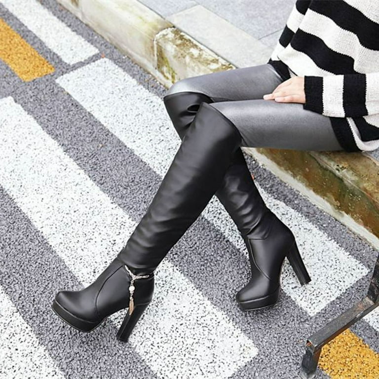Dakaela Women Over The Knee Thigh High Boots Leather Platform Chunky High Heel Stretch Dress Winter Tall Boot Black Size 9 - Walmart.com Dakaela Women Over The Knee Thigh High Boots Leather Platform Chunky High Heel Stretch Dress Winter Tall Boot Black Size 9 - Walmart.com
