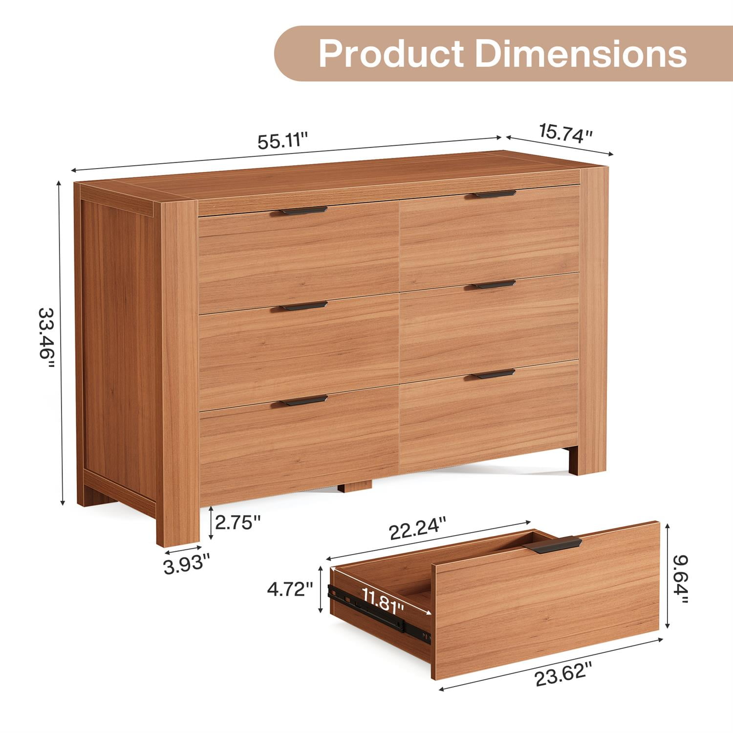 Demi Bonn 6-Drawer Wooden Dresser, Storage Chest for Living Room, Bedroom Chest, Storage Solution, Brown