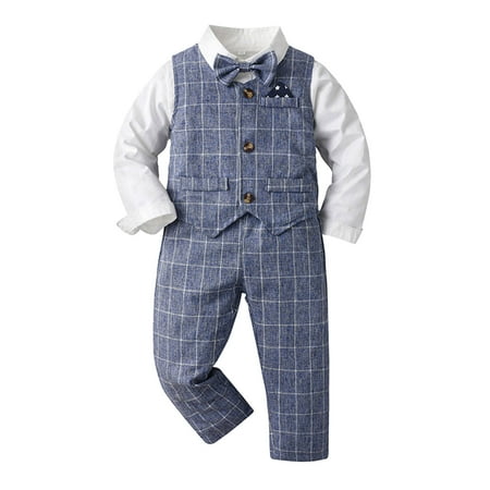 

FhsagQ Baptism Outfits for Boys 2T Toddler Boys Long Sleeve Shirt Plaid Shirt Tops Pants Coat with Tie 4Pcs Child Kids Gentleman Outfits Boys Outfits Summer Newborn Blue 5-6 Years
