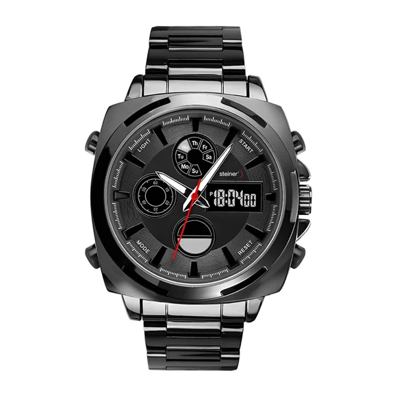 Reloj de Hombre Análogo y Digital Steiner Cuadrado Numeros LED Acero Inoxidable Negro