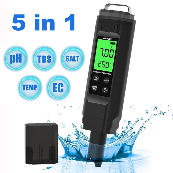 Wiher Digital PH Meter, 7 in 1 Water Tester TDS Meter/Salinity Tester/Temp/pH Meter/EC/S.G/ORP Meter for Pool, Fish Tank, Drinking water, hydroponics, Black