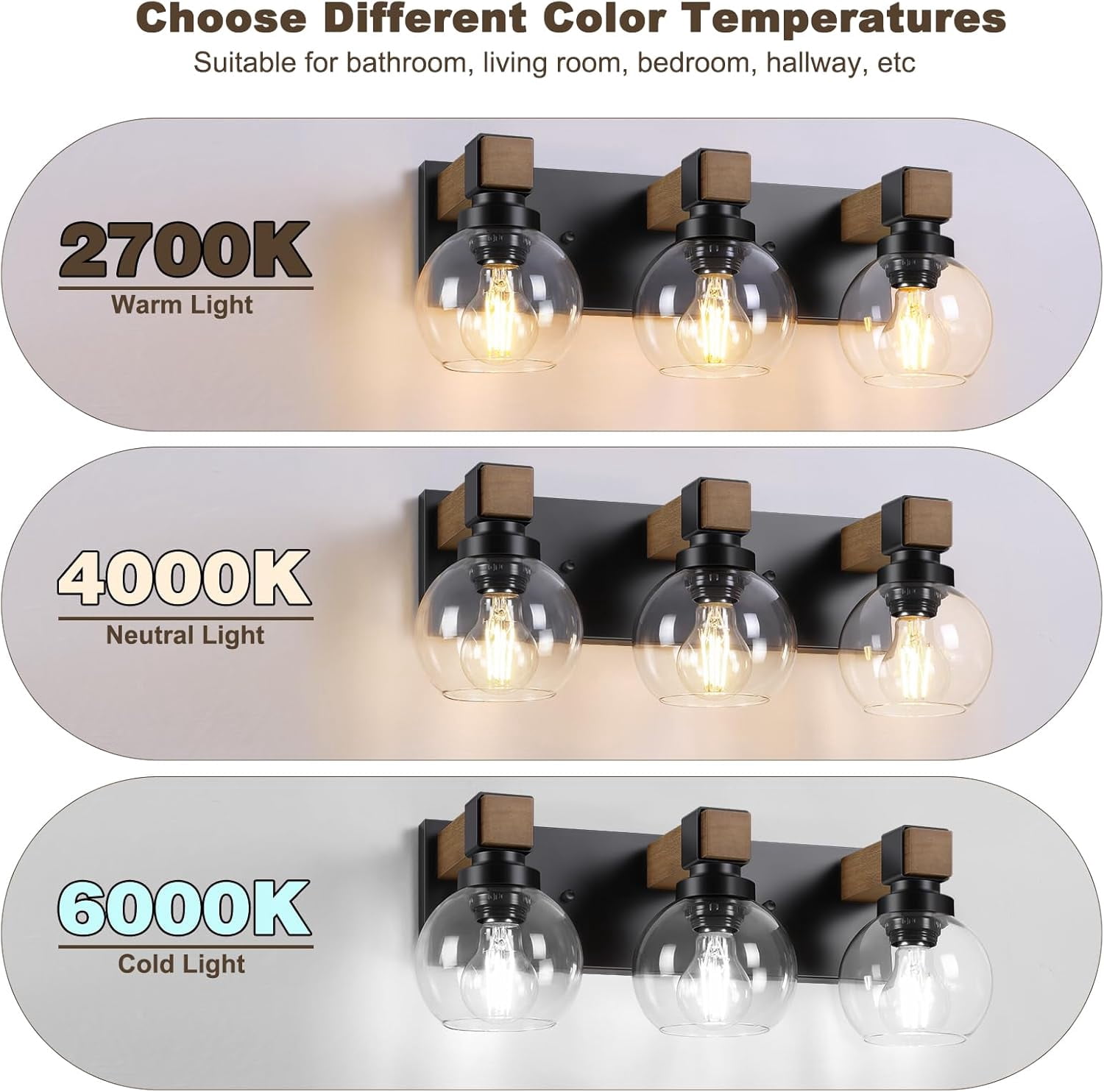 3-Light Wooden Bathroom Vanity Light with Clear Globe Glass Shade over Mirror for Bathroom Bedroom Living Room Cabinet