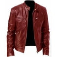 thumbnail image 1 of Chaqueta de cuero sintético con bolsillo decorativo y cremallera cálida para caballero de invierno, chaqueta de cuero de corte entallado y cuello vertical, 1 of 6