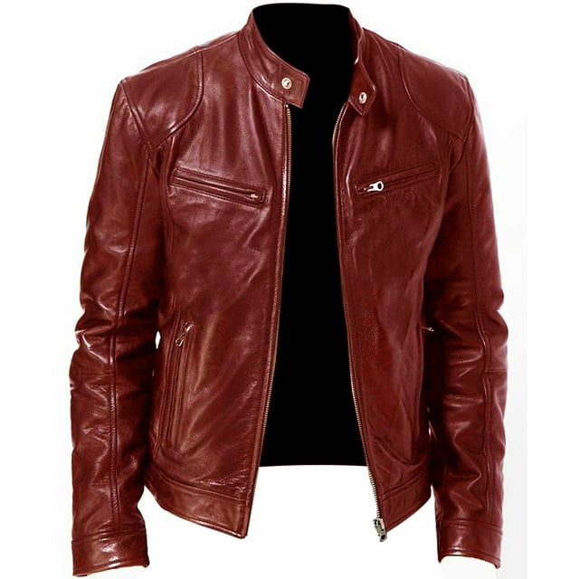 Chaqueta de cuero sintético con bolsillo decorativo y cremallera cálida para caballero de invierno, chaqueta de cuero de corte entallado y cuello vertical