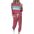 thumbnail image 3 of CFLVAEK Two Piece Outfit Women Plus Size Long Sleeve Crewneck Tops Drawstring Waist Jogger Pants Trendy Color Block Graphic Lounge Sets Watermelon Red S, 3 of 6