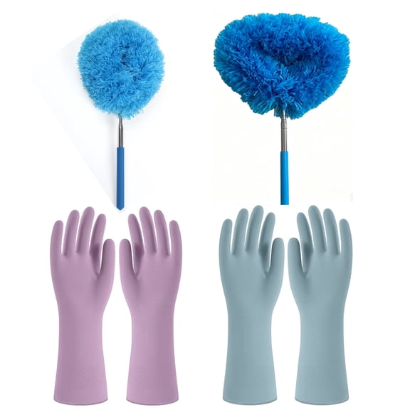 2 Size Extendable Microfiber Duster, Washable Ceiling Fan Cleaner Kit with 2 Pairs Rubber Gloves