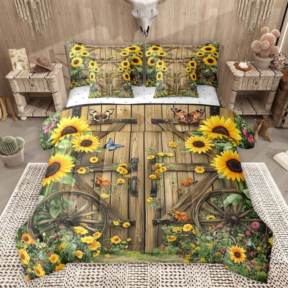 Castle Fairy Rustic Floral Sunflowers Twin Bedding Sets 7-Piece for Female Men Adults,Chic Floral Blossoms Bedding Comforter Set Microfiber,Rustic Lodge Cabin Breathable Sheet Sets