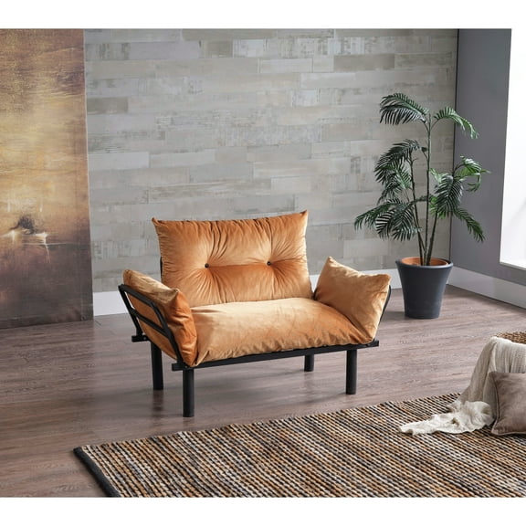 Futon Love Seat In Rich Mustard, Metal Frame, 47.64in. Depth, 23.37in. Width, 35.43in. Height Mustard With Support, 49in. D, 24in. W, 35in. H, 30lb. Wt