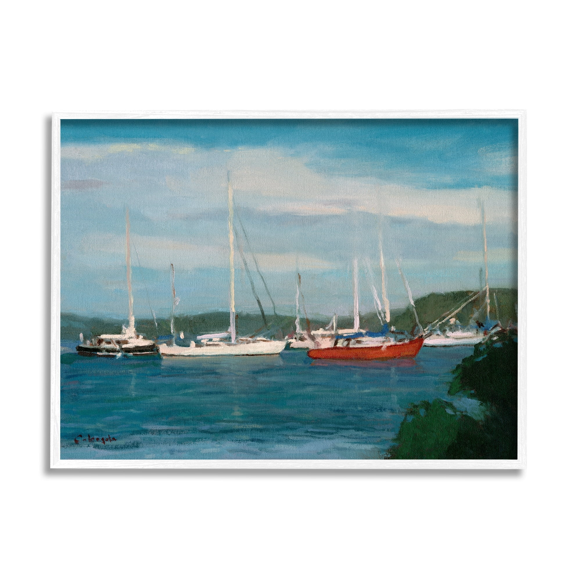 Stupell Industries Sailboat Fleet Afloat Ocean Water Distant Hills Painting White Framed Art Print Wall Art, Design by Stephen Calcasola
