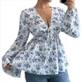 thumbnail image 2 of Blusa con Estampado Floral para Mujer, Larga, Estilo Babydoll, Escote en V Profundo, Peplum Azul L, 2 of 9