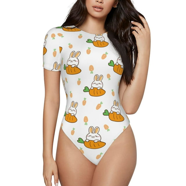 Bingfone Rabbit And Carrot Pattern Women's Round Neck Bodysuit, Tight Snap Button Short Sleeve Bodysuit, Suitable for Party, Sports, Daily Wear-Medium