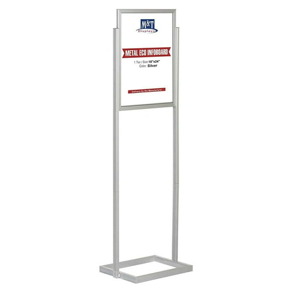 M&T Displays Metal Eco Info Board, Silver 18x24 Inches Slide-In Poster Sign Holder 1 Tier Double Sided Floor Standing Pedestal Advertising Display with Backing and Anti-Glare PET Cover