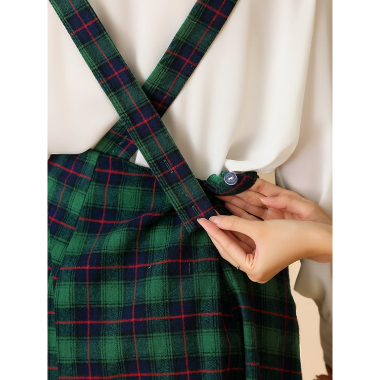 Unique Bargains Women s Plaid Tartan Adjustable Strap A Line Suspender Midi Skirt S Green Plaid Walmart