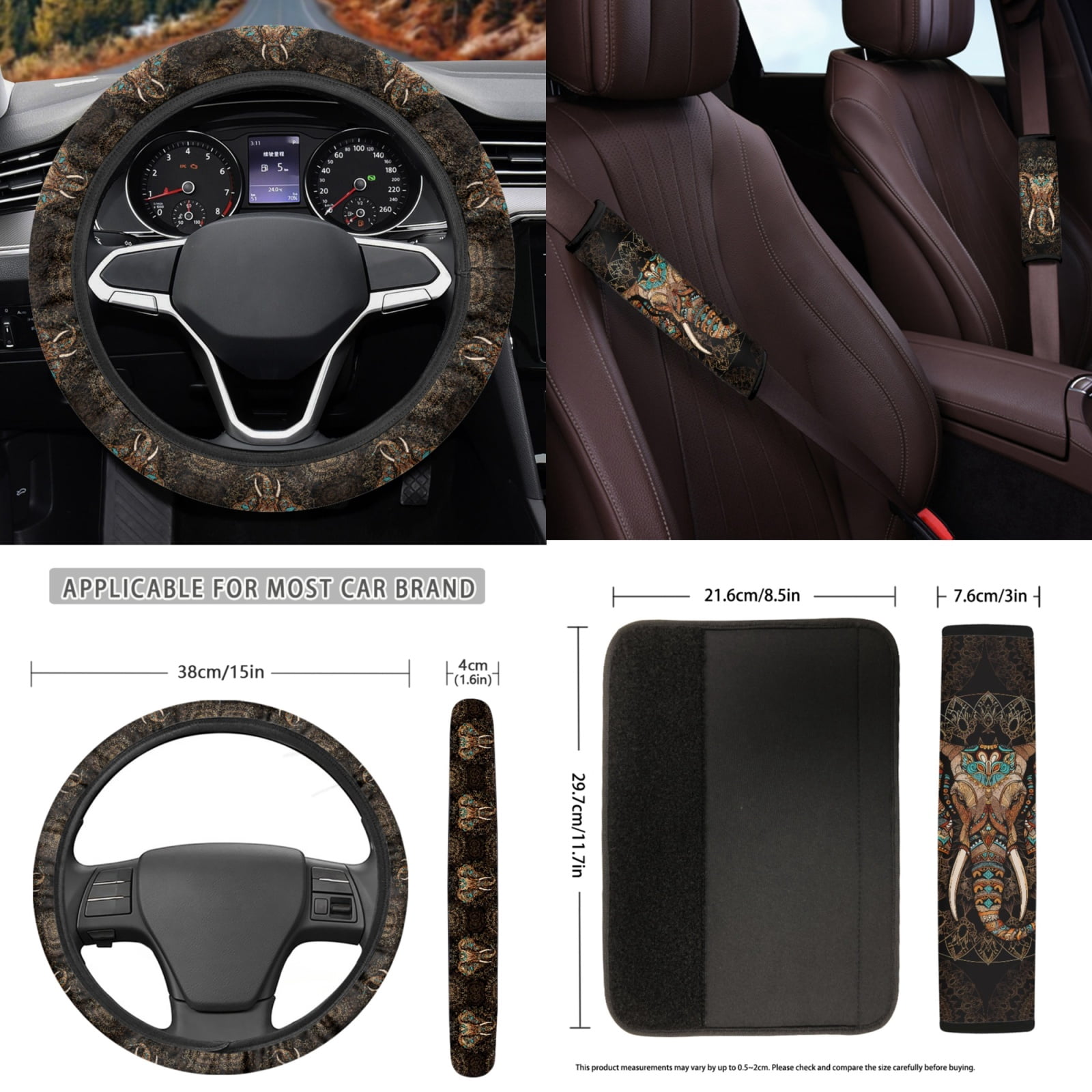 Yuyamidu 15 Pcs Boho Car Seat Cover Full Set with Car Floor Mats Elephant Steering Wheel Cover Brown Gear Shift Hand Brake Cover Seatbelt Pad Cup Coasters Interior Auto Accessory