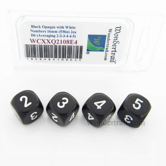 Black Opaque Dice with White Numbers D6 Averaging Dice (2-3-3-4-4-5) 16mm (5/8in) Pack of 4