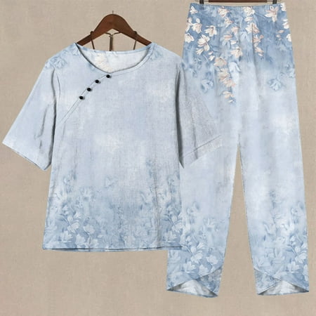 

Xysaqa Cotton Linen Pajamas for Women Set Women 2 Piece Short Sleeve Shirt Long Pants Pjs Set Comfy Sleepwear Floral Printed Lounge Outfits S-3XL