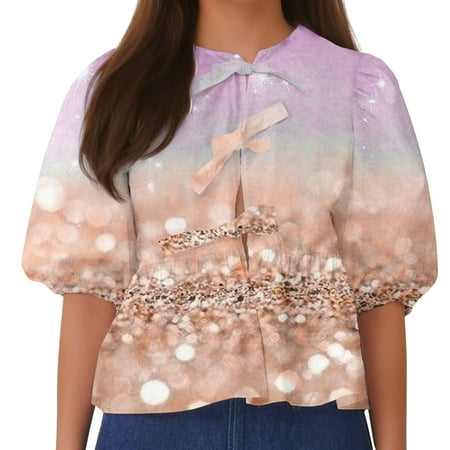 ameIAEA Womens Lace Up Front Tops Summer Puff Sleeve Cute Blouses Print Babydoll Shirts 2024