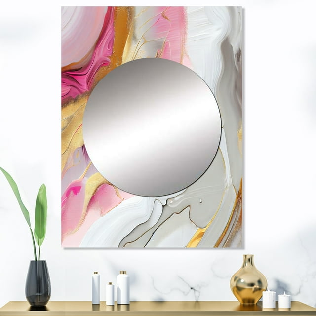 Designart "Pink And Gold Marble Abstraction I" Abstract Marble Mirror Wall Decor - Modern Pink Abstract Mirror Wall Art For Bathroom - 40" x 30" Inch