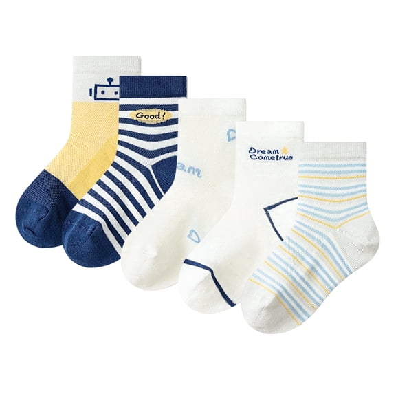 Balabala Boys Lightweight Crew Socks, Breathable Cotton Blend, Soft Striped Casual School Socks, 5-Pack