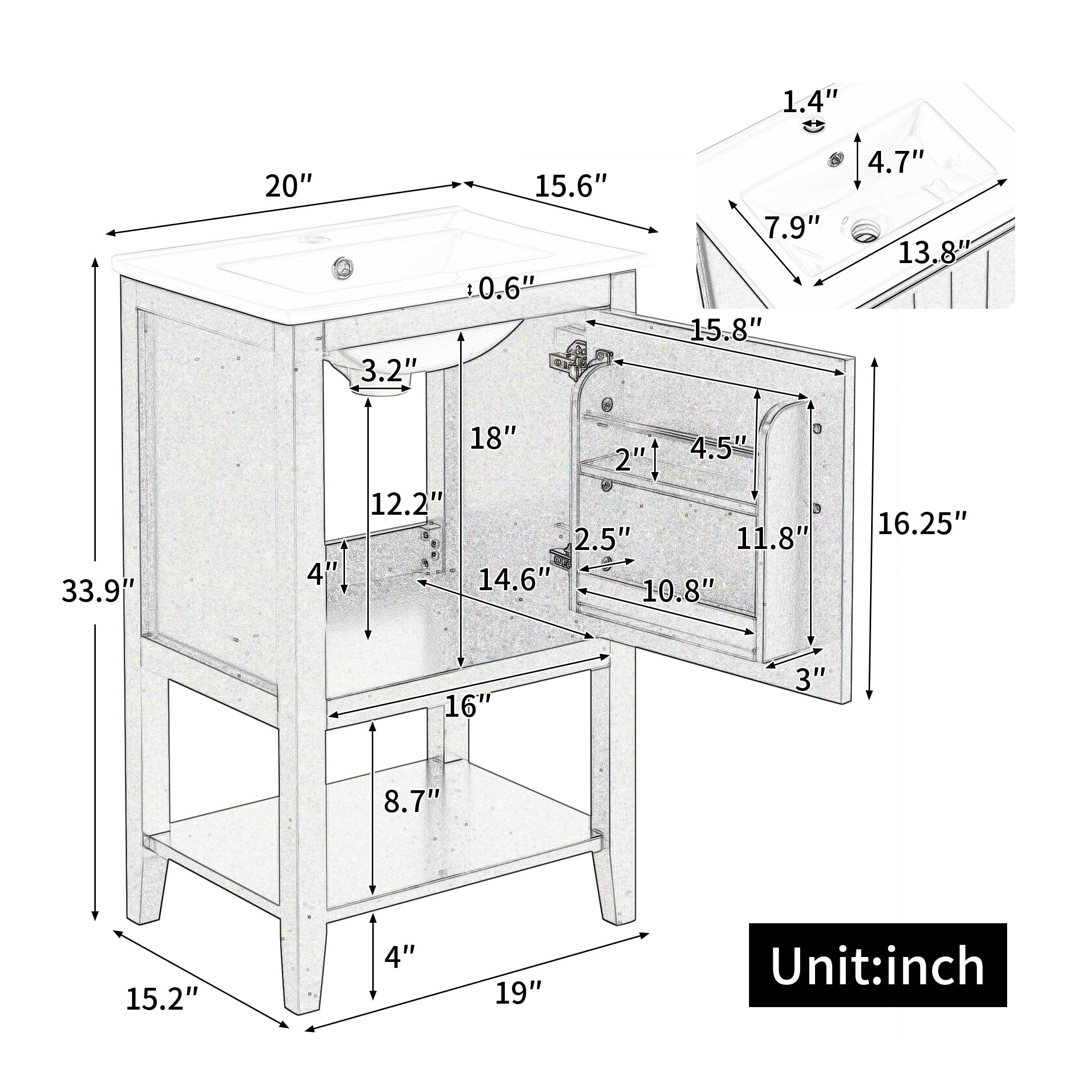 GDF Studio 20" Bathroom Vanity with Sink, Soft Closing Door, Storage Rack and Open Shelf, White