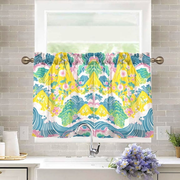 Yayeee Kitchen Curtains Tier Pair Light Filtering 27"x36" Rod Pocket Short Cafe Window Panel, Yellow Mountains