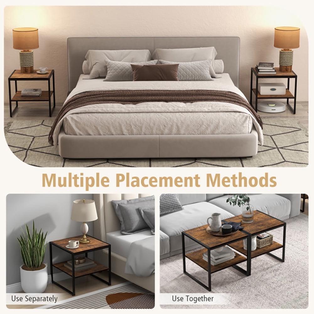 Finihen Coffee Table, Industrial Coffee Table, 2 Pieces Industrial 2-Tier Side Table Set with Open Shelf, for Living Room, Reception Room, Rustic Brown Finihen Coffee Table, Industrial Coffee Table, 2 Pieces Industrial 2-Tier Side Table Set with Open Shelf, for Living Room, Reception Room, Rustic Brown