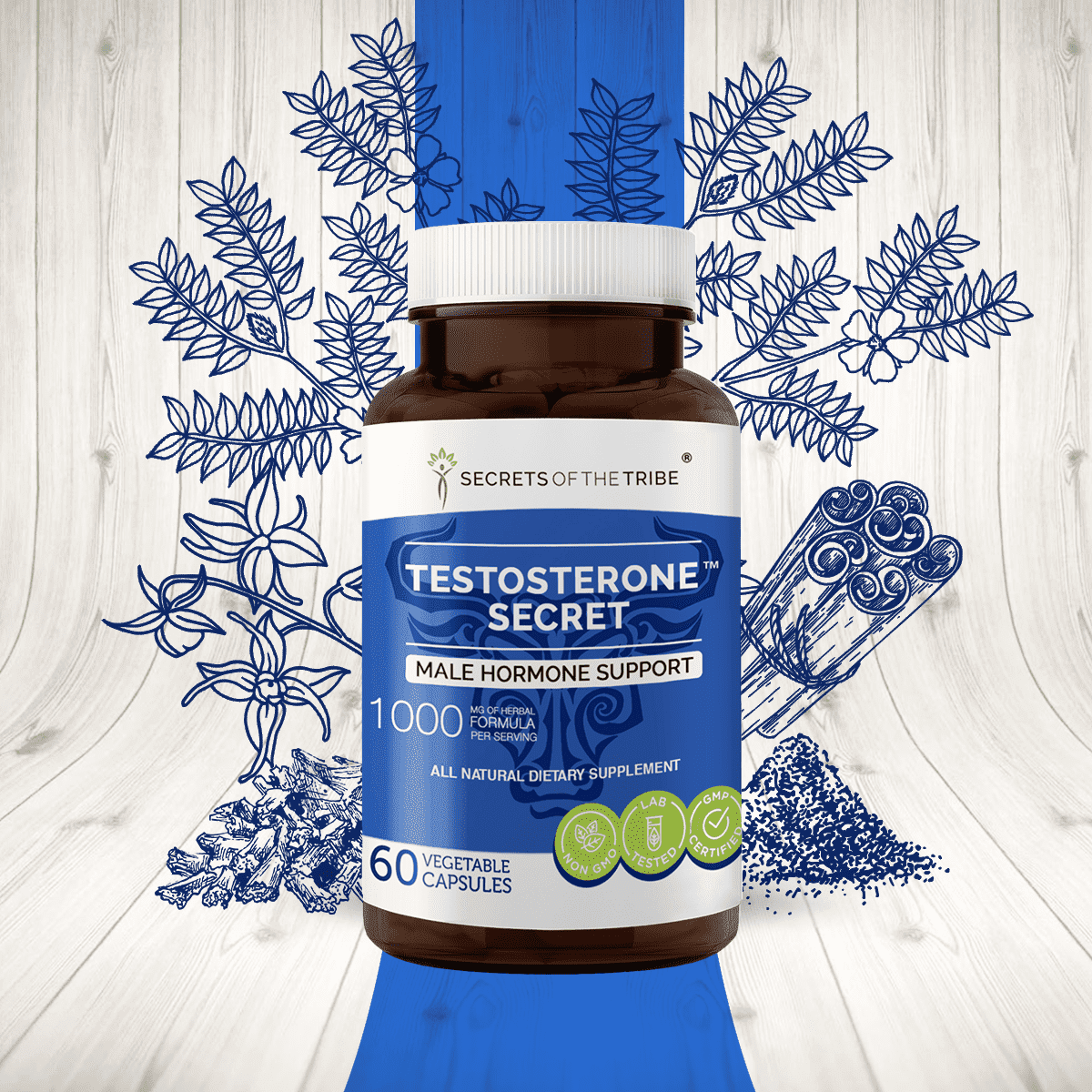 Secrets of the Tribe Testosterone Secret Capsules Dietary Supplement, Natural Herb Blend, Made from Pine Pollen, Astragalus, Tribulus, Barrenwort - Horny goat weed, Cinnamon 60 Count