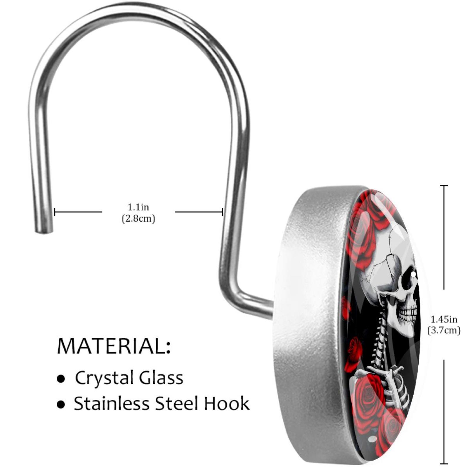 Red Roses Love Heart Skeleton Couple Shower Curtain Hooks Round Crystal Glass, Set of 12 Shower Curtain Rings - Shower Hooks for Curtain Shower Rings