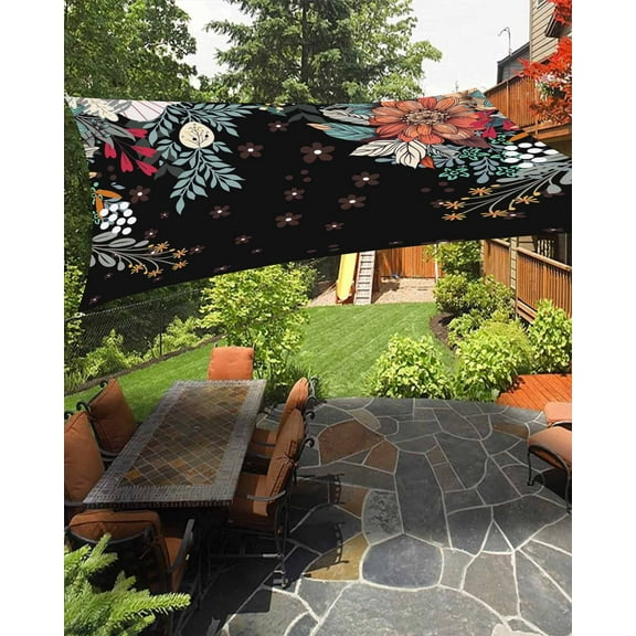 Sun Shade Sail 12x16Ft Boho Flower Plant Bohemian Abstract Floral Black Uv Block Sunshade Canopy Outdoor Shade Cover Rectangle Shade Cloth For Patio Garden Yard Deck Pergola