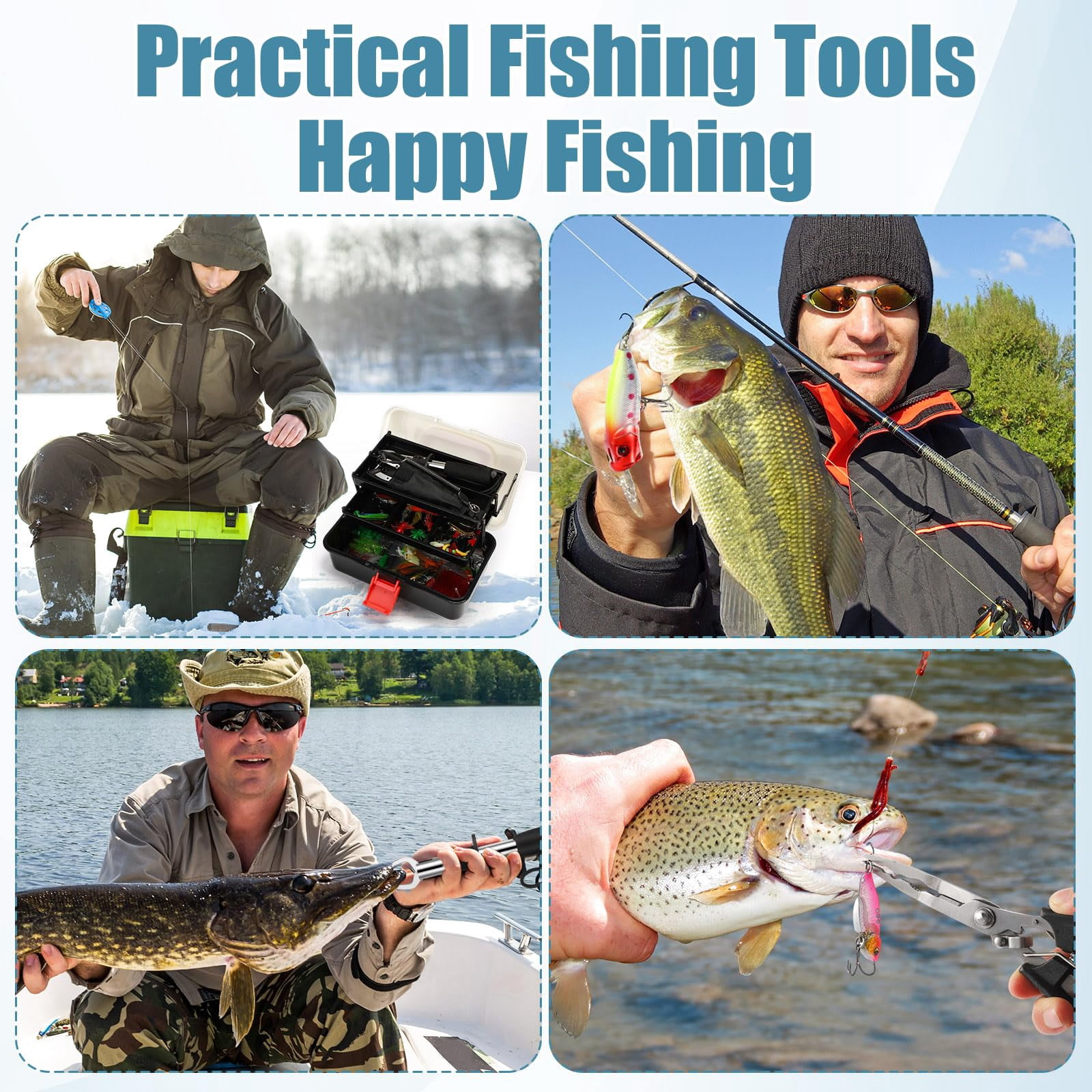 3 Layers Fishing Tackle Box 414 Gift Lures Gear Kit With Included Pliers Lip Gripper Bait Hook Accessories For Beginner Fisherman Women Men  Fit Bass Trout