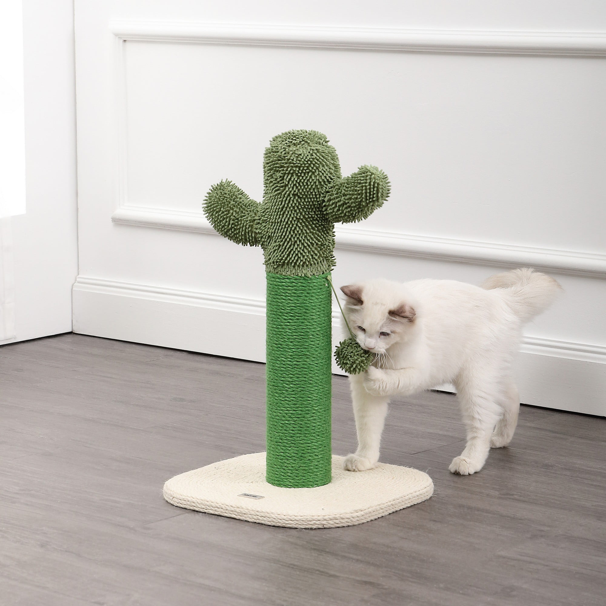 THE LICKER STORE Pecos 21" Modern Jute Cactus Cat Scratching Post with Fuzzy Toy, Green/White, CTR1000A