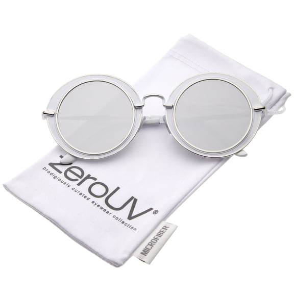 zeroUV Unisex Modern Metal Frame Matte Border Colored Mirror Flat Lens Round Sunglasses (White-Silver / Silver Mirror) - 48mm