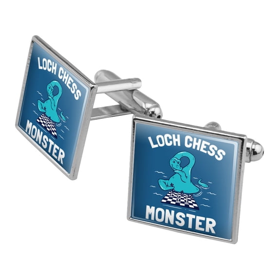 Loch Chess Monster Lochness Funny Humor Square Cufflink Set - Silver or Gold
