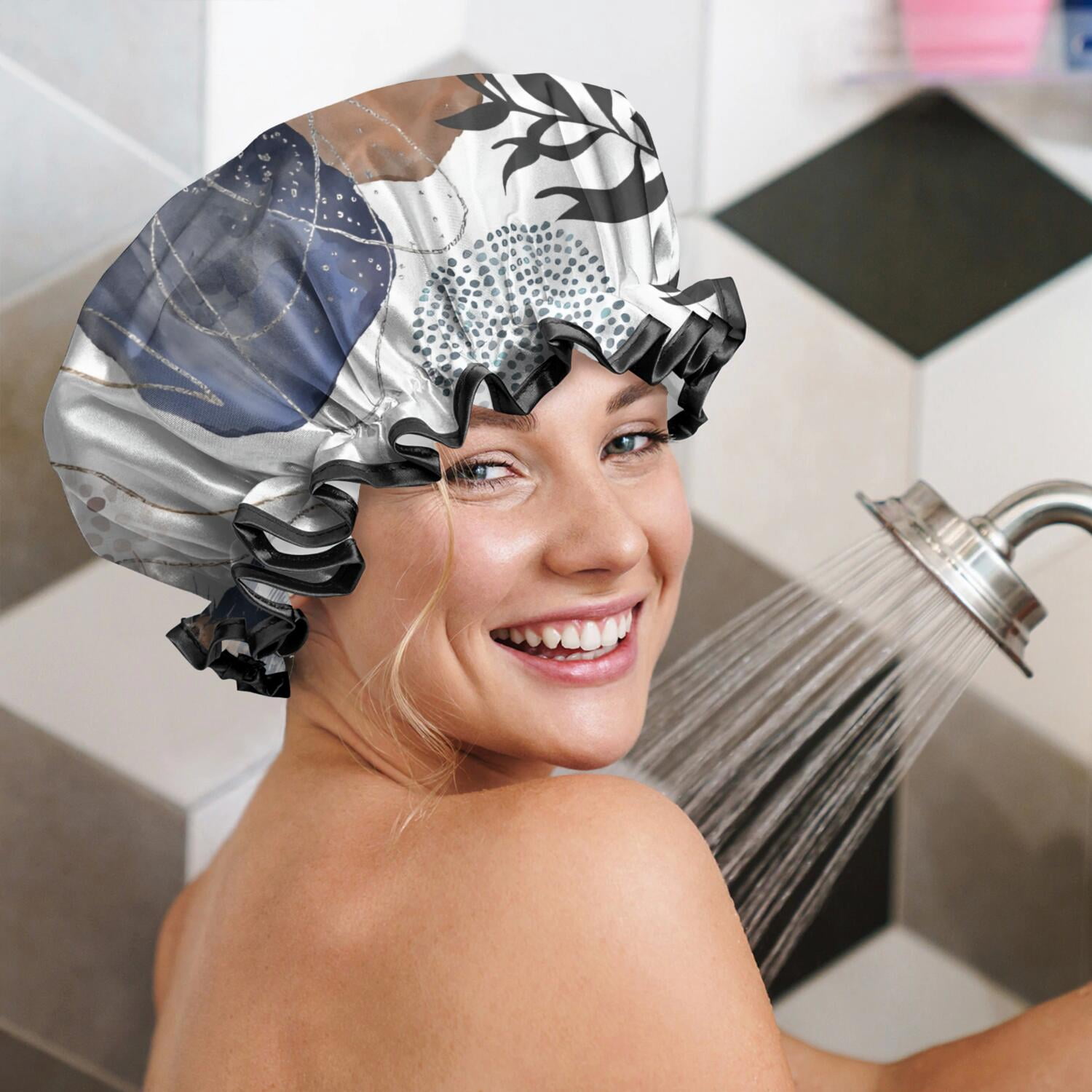 Shower Caps,Blue Boho Abstract and Plant Pattern Waterproof Shower Cap for Women 4 Pieces,Double Reusable Hair Cover for Shower PEVA Elastic Stretch Hem