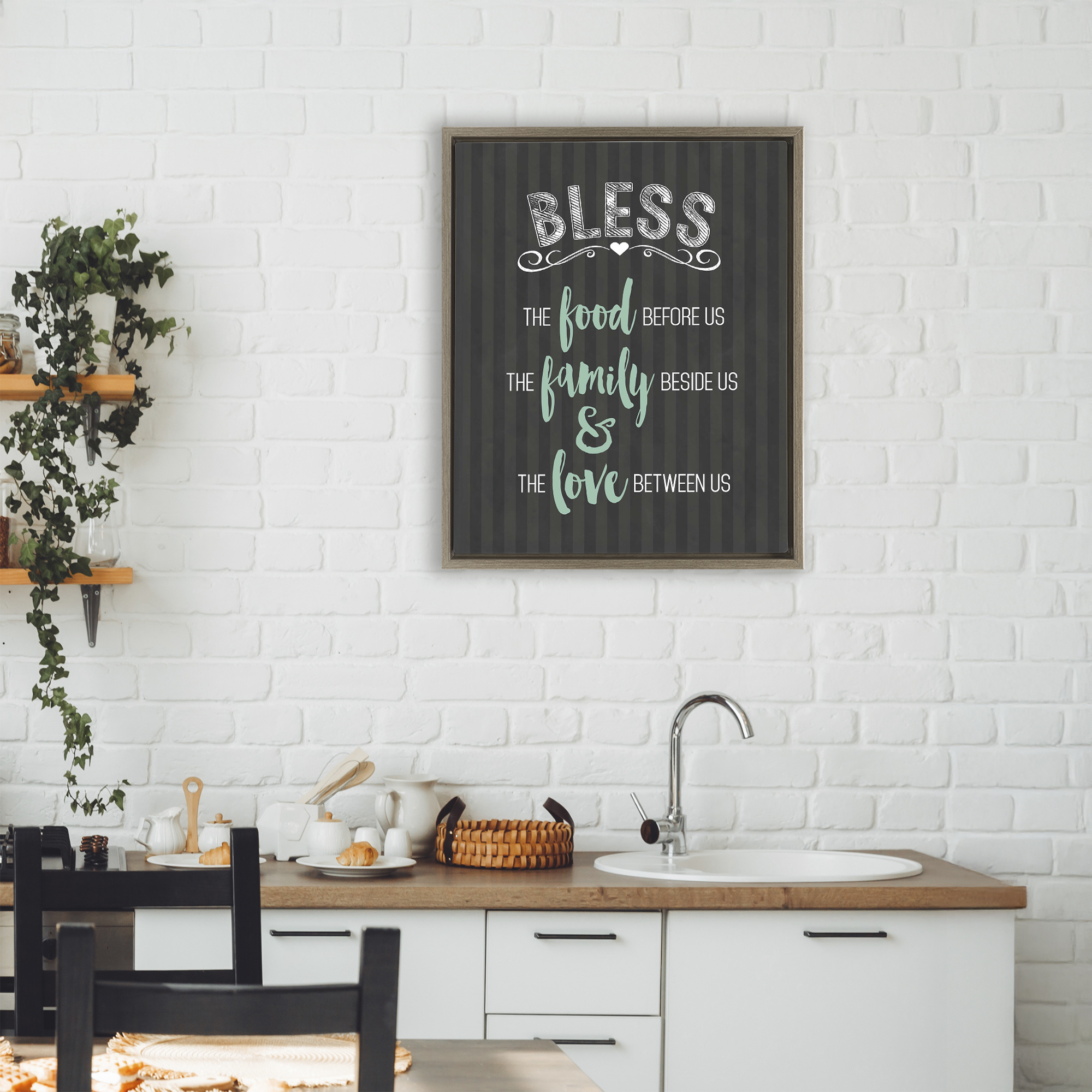 Bless The Food Family & Love Brown Framed Floater Canvas Wall Art, design by Lettered and Lined