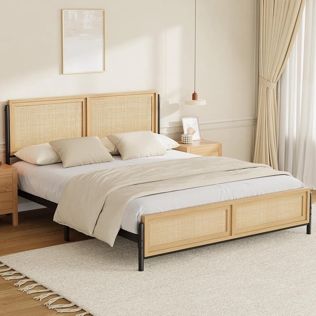 Boho Full Size Bed Frame with Natural Rattan Headboard and Footboard, Wooden Full Platform Bed No Box Spring Needed, Noise-Free Easy Assemble Metal Bedframe