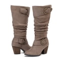 thumbnail image 3 of Love Steetly Women's Extra Wide Calf Knee High Boots, Soft Faux Suede, Two Large Round Buckle Straps, Slouchy Ruched Shaft Textured Stacked Heel Boots., 3 of 8
