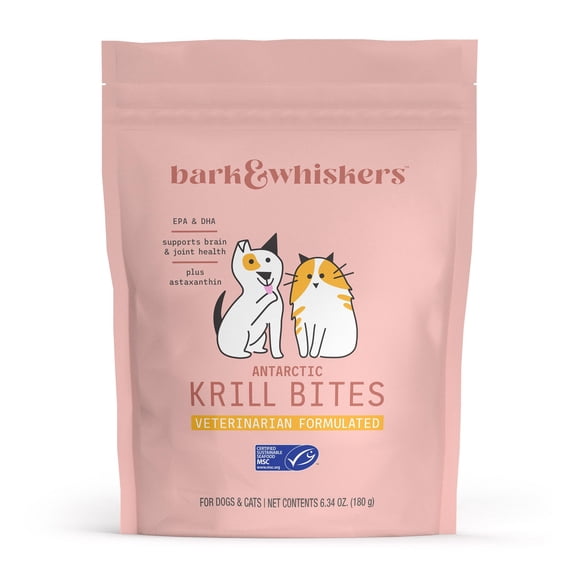 Bark & Whiskers Krill Bites - Omega-3 Fatty Acid Support - Sustainably-Sourced Antarctic Krill - Low Carb - Soft Chews for Dogs & Cats - 60 Chews