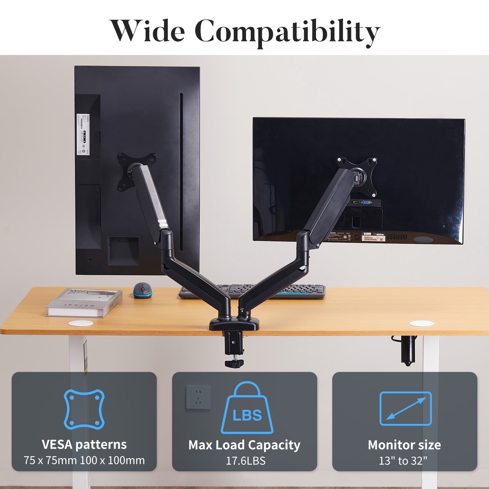 CONCETTA Dual Monitor Arm, Spring-Adjustable Desk Mount for 13-32" Screens, Supports up to 17.6lbs