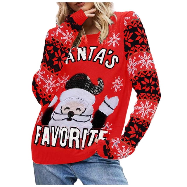 Zhanying Christmas Chandails en Molleton de Noël pour Femmes, Tricot Léger, Tenue Décontractée, Chandail des Fêtes pour Femmes, Rouge, Col Rond Sweater